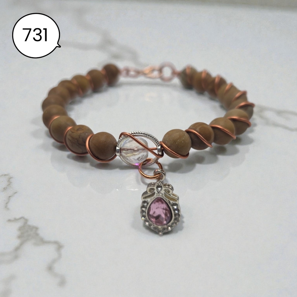 Handmade Wood Jasper Bead Bracelet with Copper Wire & Pink Crystal Charm